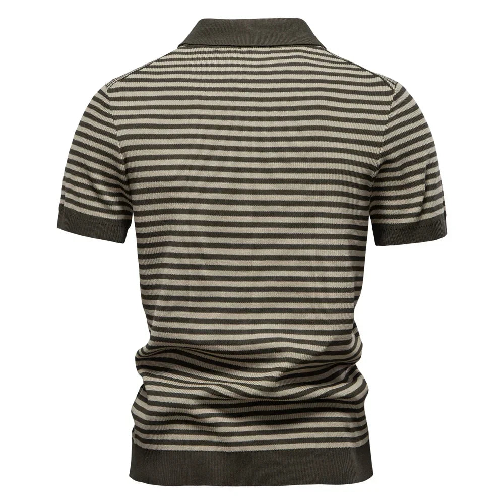 Men's Short Sleeve Striped Polo Shirt with Contrast Knit Design