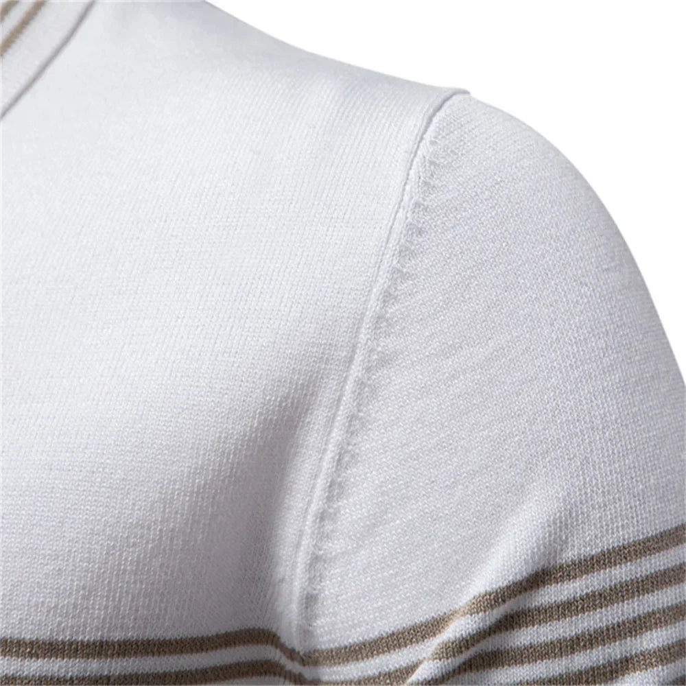 Men's Short-Sleeve Zip Polo Shirt with Chest Stripe and Slim Fit