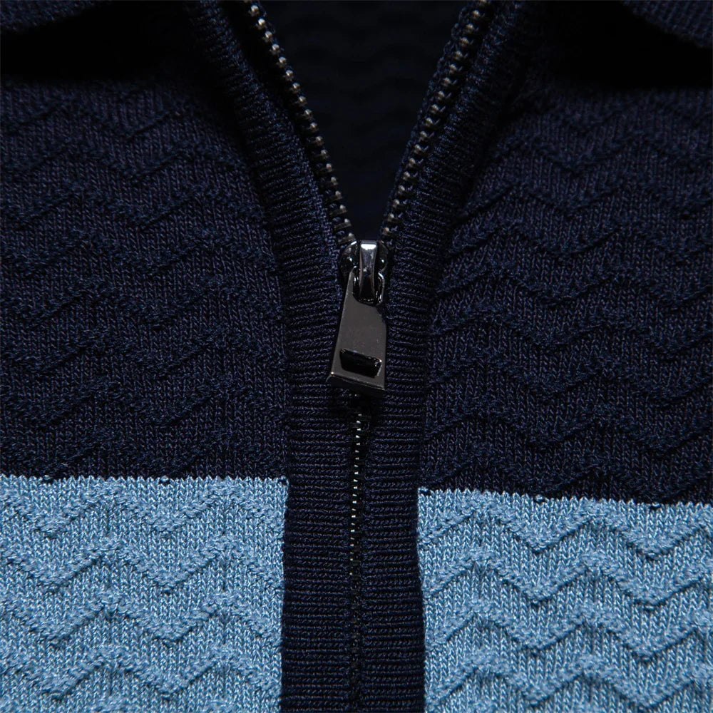 Men's Short-Sleeve Knit Polo Shirt with Striped Chest and Zip Neck