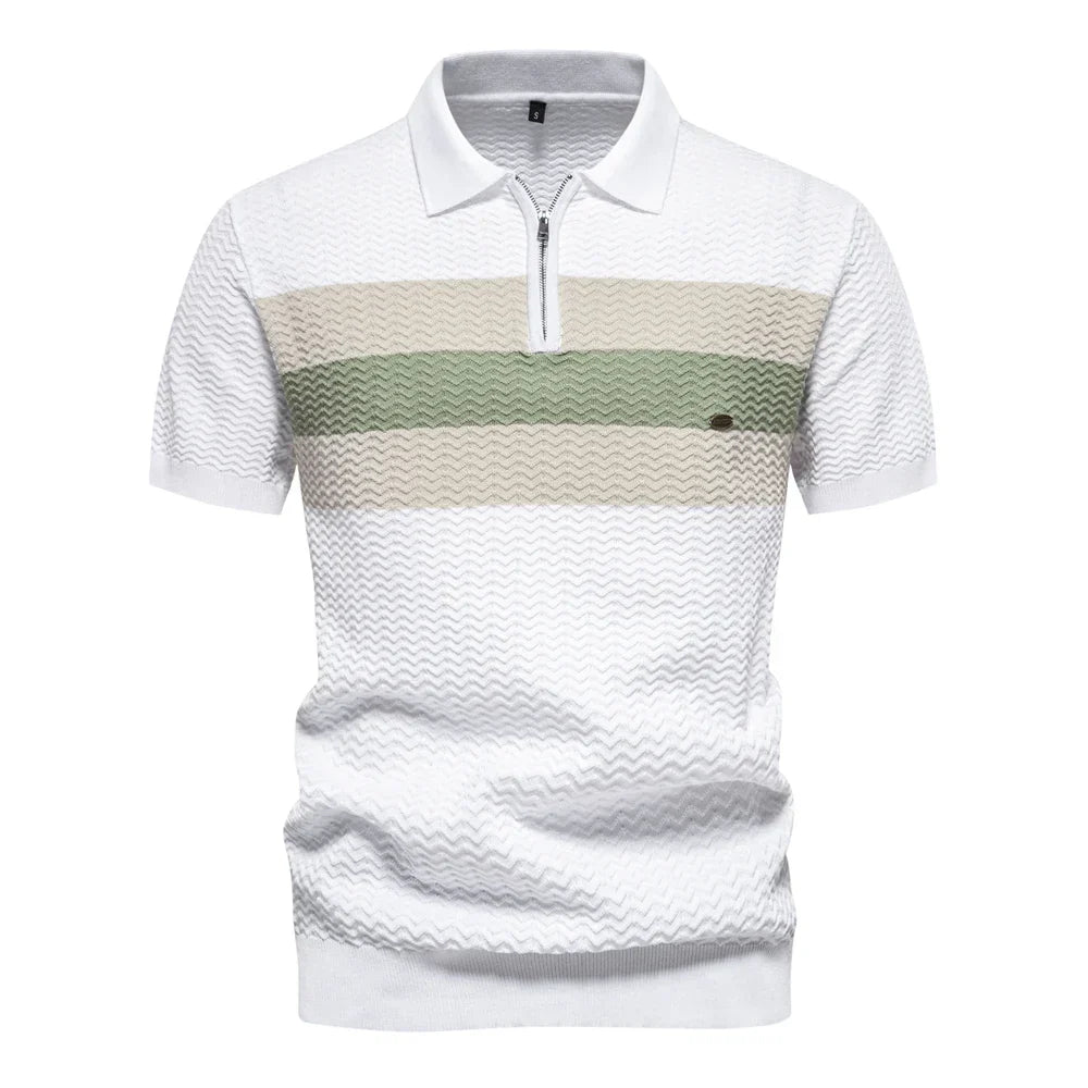Men's Short-Sleeve Knit Polo Shirt with Striped Chest and Zip Neck