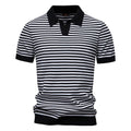 Men's Short Sleeve Striped Polo Shirt with Contrast Knit Design