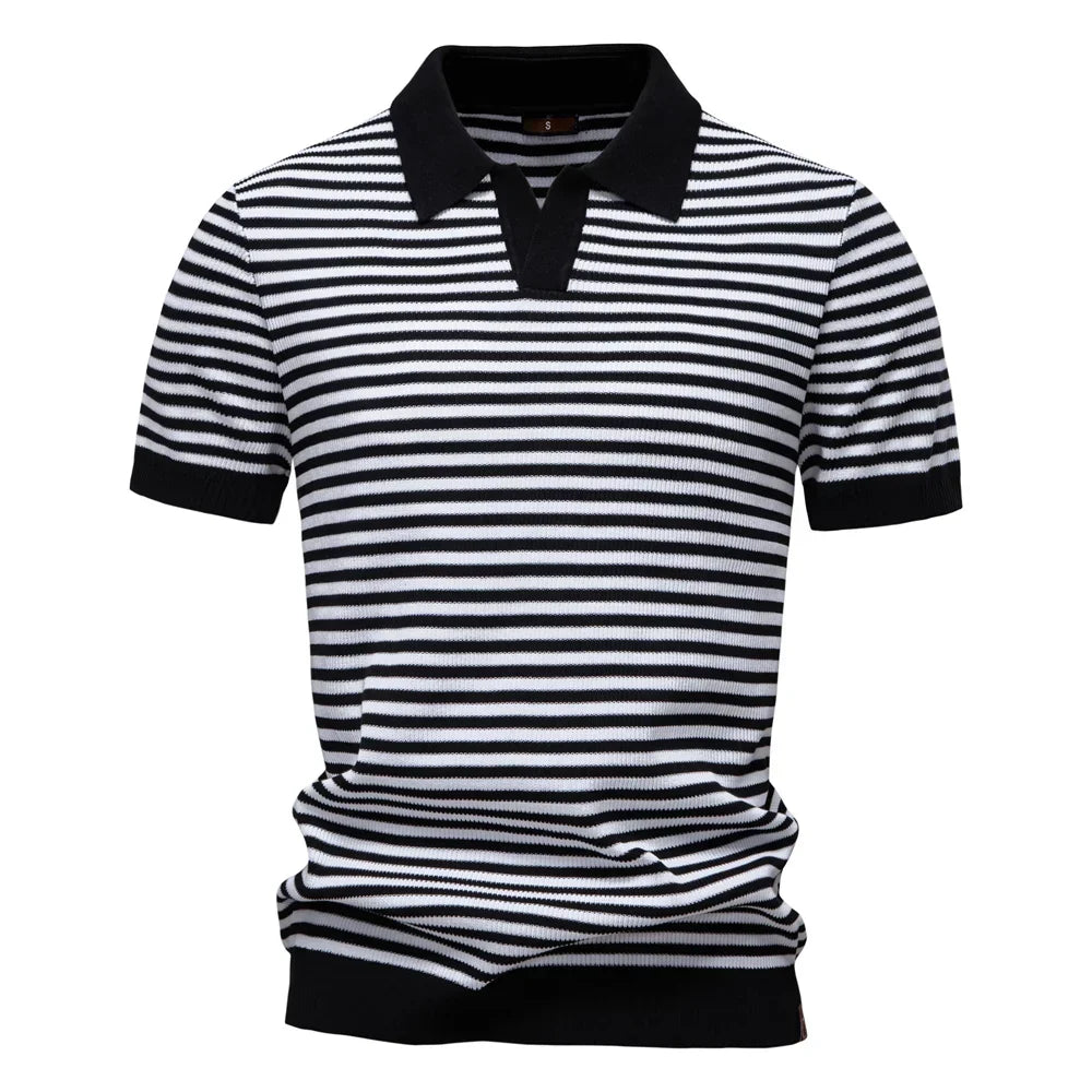 Men's Short Sleeve Striped Polo Shirt with Contrast Knit Design