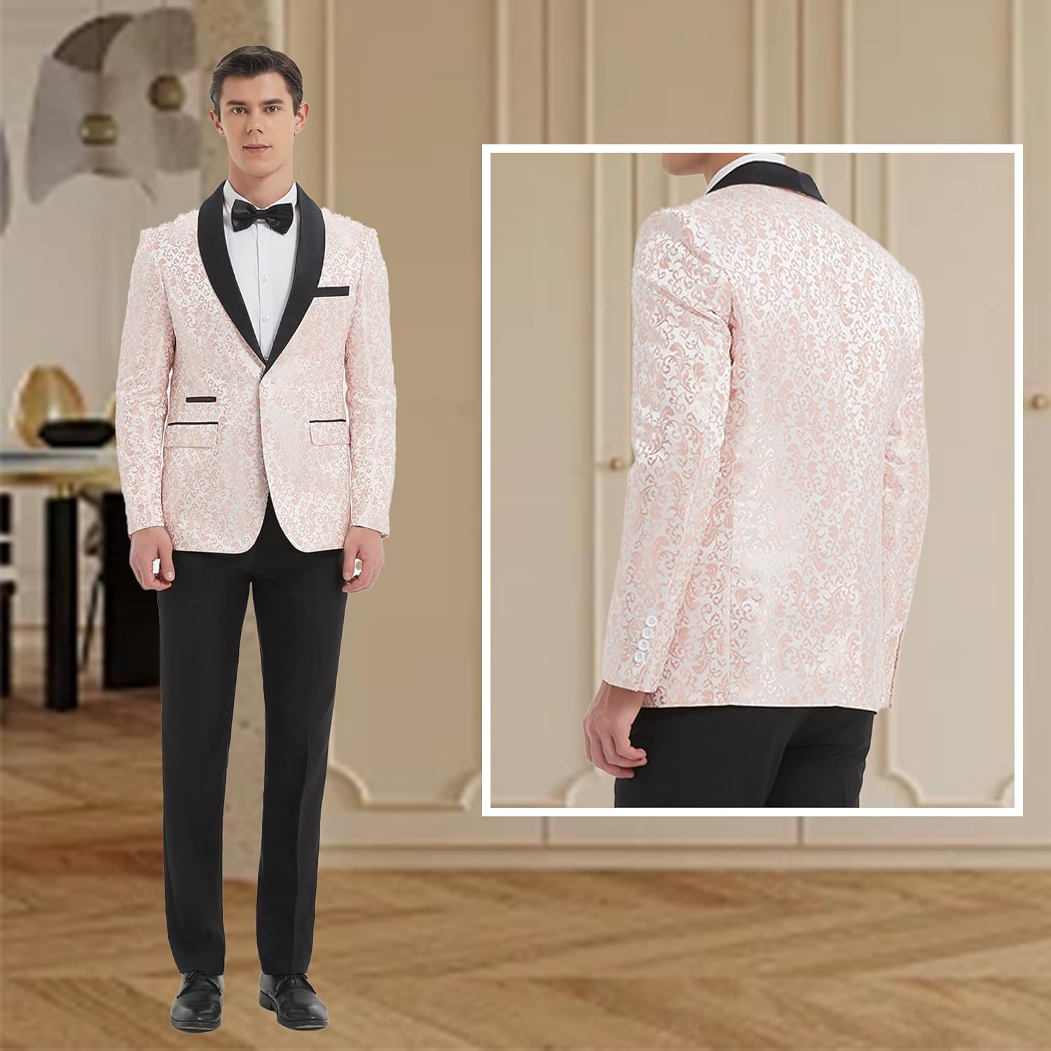 Men's Tuxedo Suit with Shiny Lapel and Patterned Blazer Two Piece Set