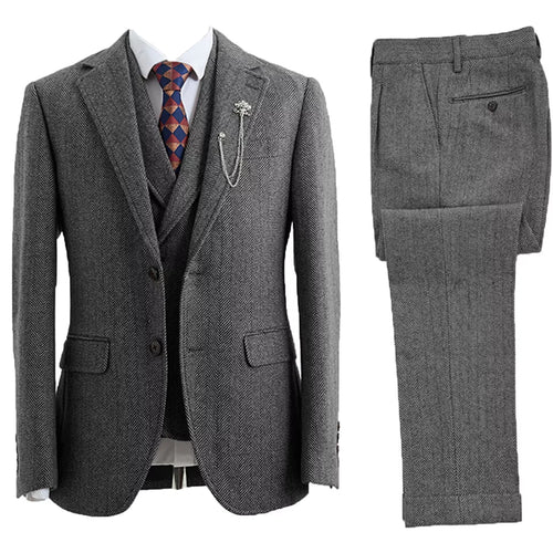 Men's Formal Tweed Three Piece Suit Set with Blazer Vest Trousers